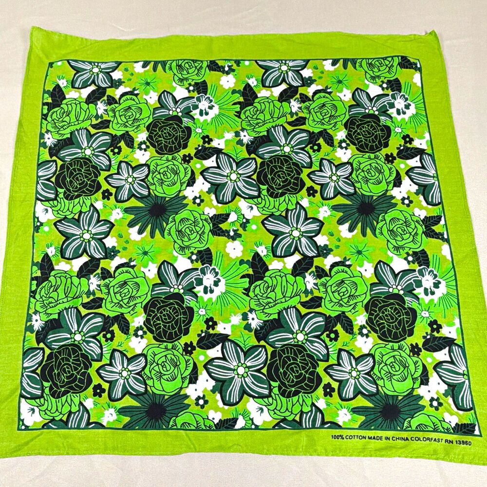 Vintage Green Black Floral Bandana 21” Square 100% Cotton Rose Print RN 13960